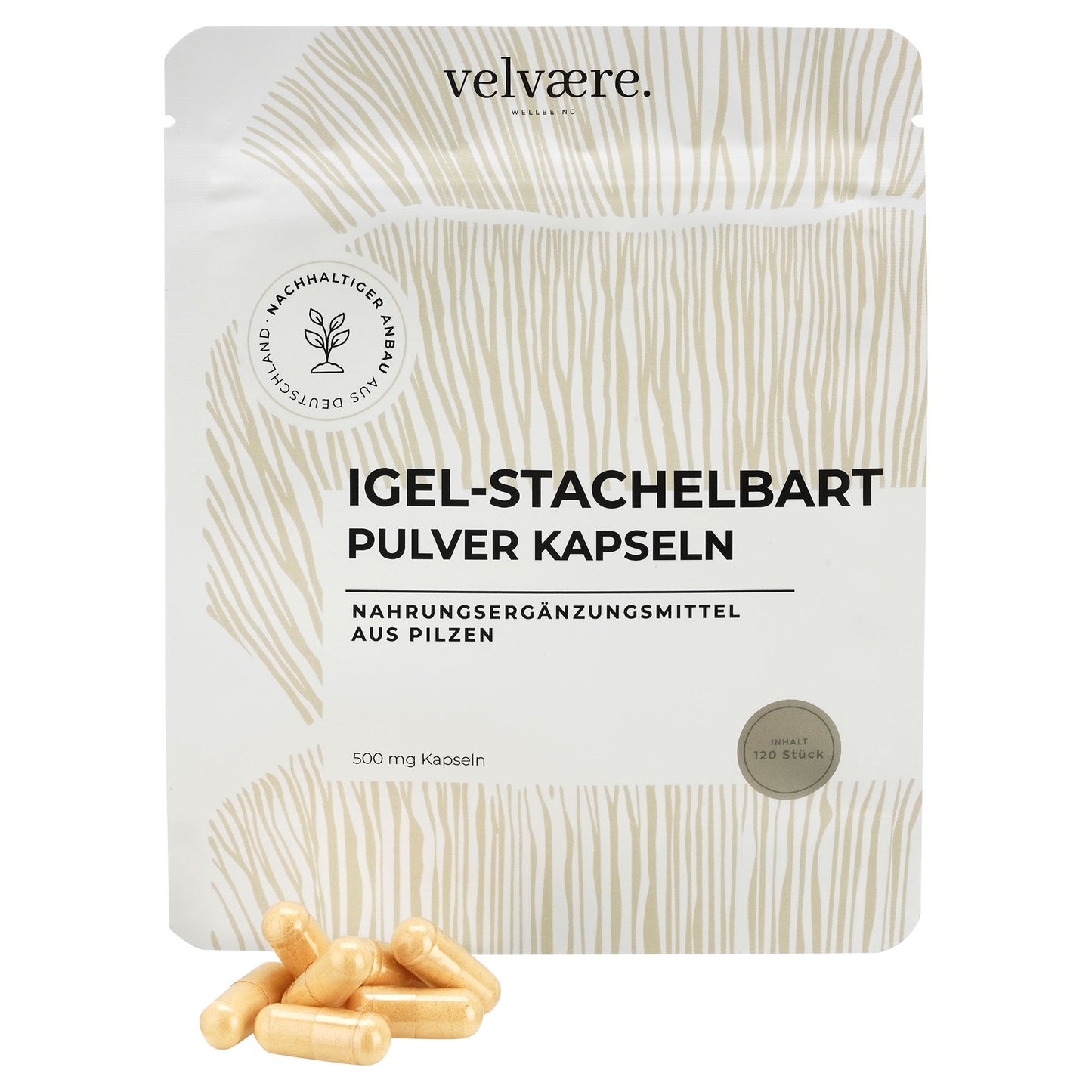 Velvaere Igel-Stachelbart (Lions Mane) Pulver Kapseln – 500 mg, 120 Stück, aus nachhaltigem Anbau, vegan