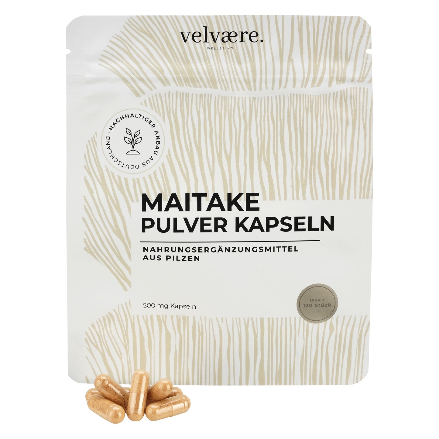 Velvaere Maitake Pulver Kapseln – 500 mg, 120 Stück, vegan, aus nachhaltigem Anbau, Nahrungsergänzung aus Pilzen