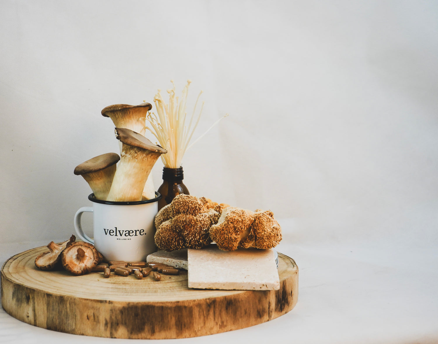 Arrangement aus verschiedenen Vitalpilzen (z.B. Shiitake, Enoki, Igelstachelbart, Kräuterseitling) in Tasse und Fläschchen, dazu Pilz-Kapseln auf Holzplatte