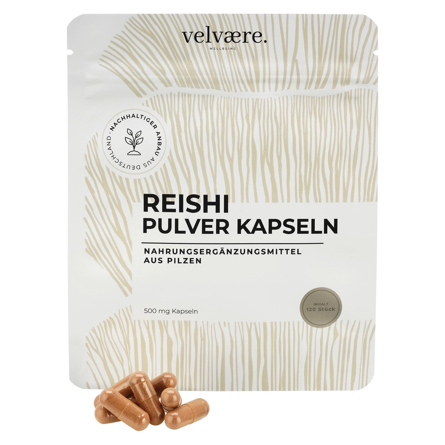 Velvaere Reishi Pulver Kapseln – 500 mg, 120 Stück, vegan, aus nachhaltigem Anbau, Nahrungsergänzung aus Pilzen