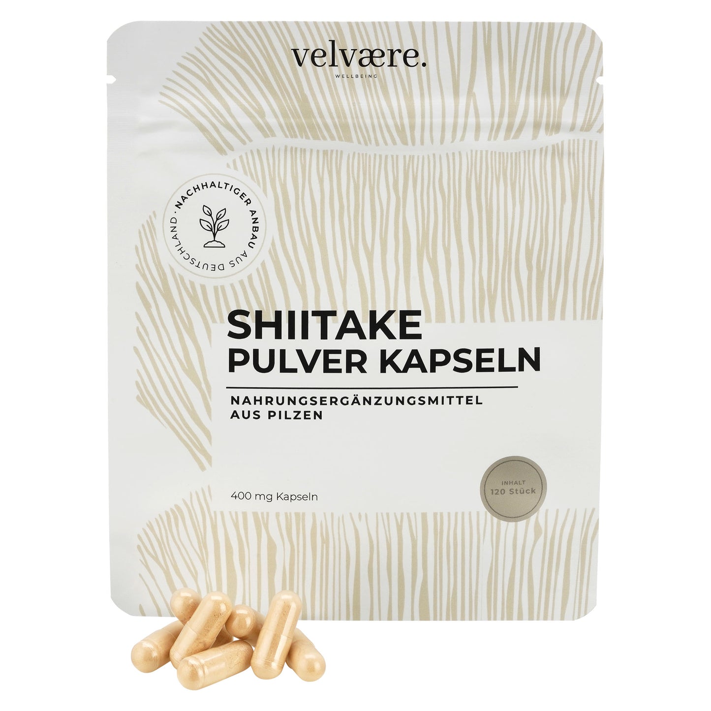 Velvaere Shiitake Pulver Kapseln – 400 mg, 120 Stück, vegan, aus nachhaltigem Anbau, Nahrungsergänzung aus Pilzen